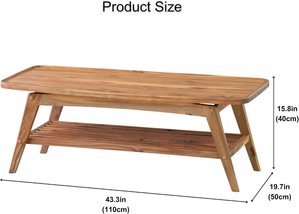 AZUMAYA Tray Edge Natural Acacia Wood Coffee Table NET-615 with Under Rack St...