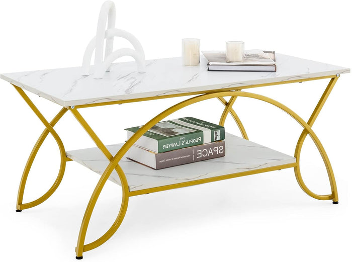 GOFLAME Modern Coffee Table, 2-Tier Rectangular Center Table with Storage Shelf, Accent Table with Arched Metal Frame & Adjustable Foot Pads for Living Room, Reception Room (White + Gold)