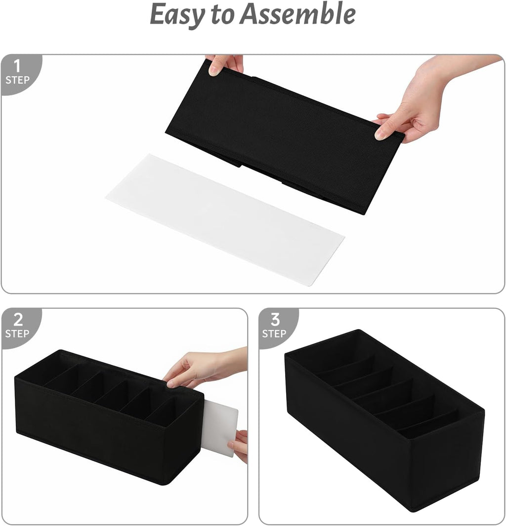 3 Pack Fabric Belt Organizer with 6 Grids per Organizer, Foldable Drawer Organizers for Closet and Drawer, Belt and Tie Holder - Black