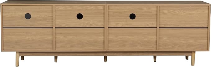 Ball & Cast 76" Boho TV Stand for TVs up to 85", Media Console with Real Rattan Doors, Open Shelf, 3 Drawers & 2 Cabinets, Natural Wood Grain Entertainment Center w/Solid Wood Legs for Living Room