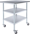 AmGood Stainless Steel Work Table with 2 Shelves and Casters | Metal Utility Table On Wheels (Stainless Steel Work Table with 2 Shelves + Casters, 36" Long x 30" Deep)