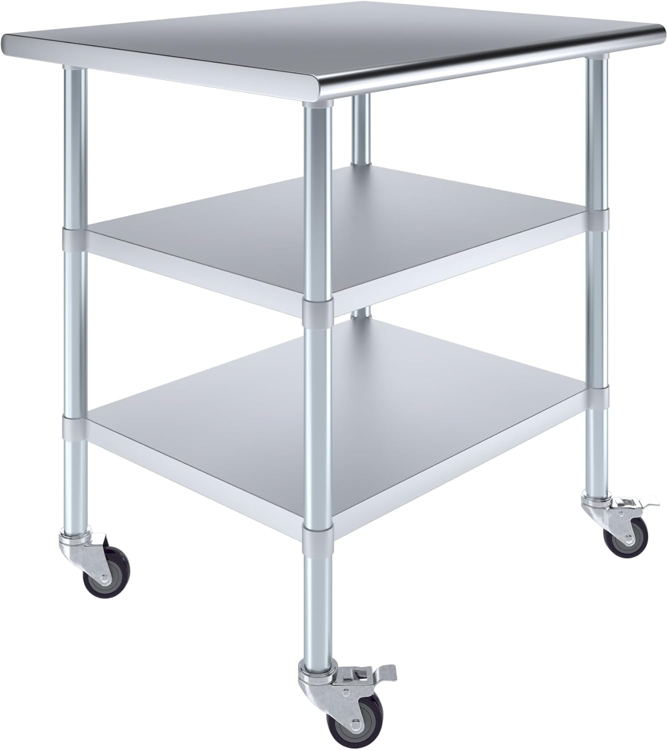 AmGood Stainless Steel Work Table with 2 Shelves and Casters | Metal Utility Table On Wheels (Stainless Steel Work Table with 2 Shelves + Casters, 36" Long x 30" Deep)