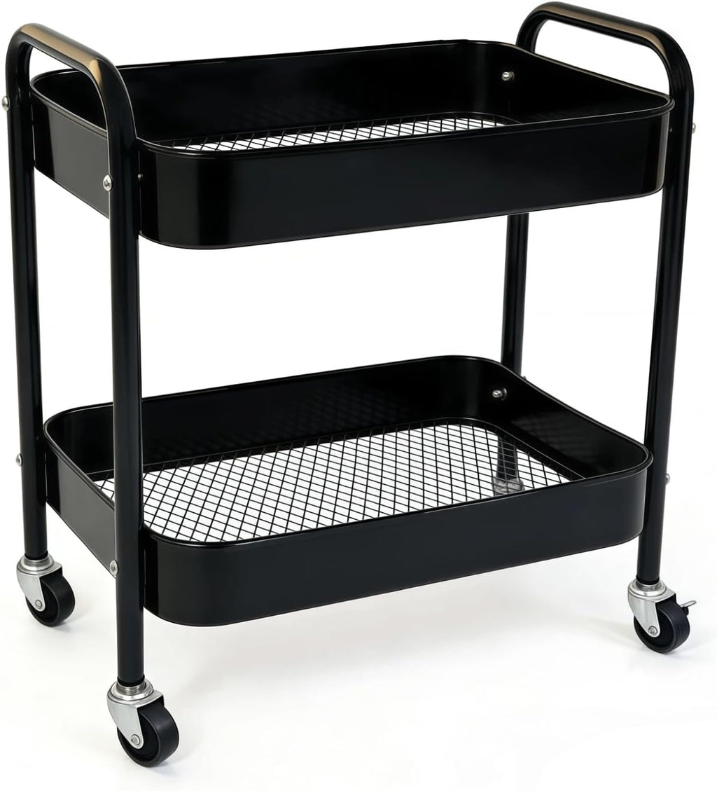2 Tier Metal Rolling Utility Cart with Wheels Under Desk Storage Cart with Handle, Roll Around Organizer Trolley for Small Space Pantry Bathroom Home Kitchen Office Snack Baby Supplies, Black