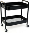 2 Tier Metal Rolling Utility Cart with Wheels Under Desk Storage Cart with Handle, Roll Around Organizer Trolley for Small Space Pantry Bathroom Home Kitchen Office Snack Baby Supplies, Black