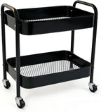 2 Tier Metal Rolling Utility Cart with Wheels Under Desk Storage Cart with Handle, Roll Around Organizer Trolley for Small Space Pantry Bathroom Home Kitchen Office Snack Baby Supplies, Black