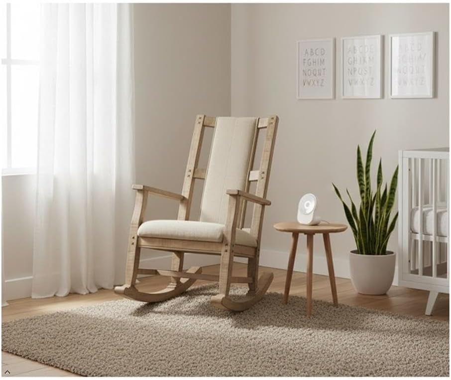 Pemberly Row Mahogany Rocking Chair with Cushioned Seat and Back, Studded Accents, Smooth Rocking Motion, Beige
