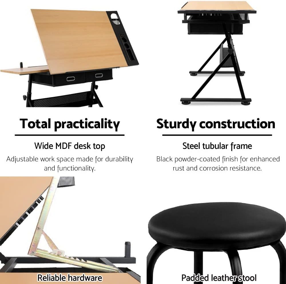 Drawing Table Stool Set Artiss Ajustable Metal Base Art & Craft Drafting ...