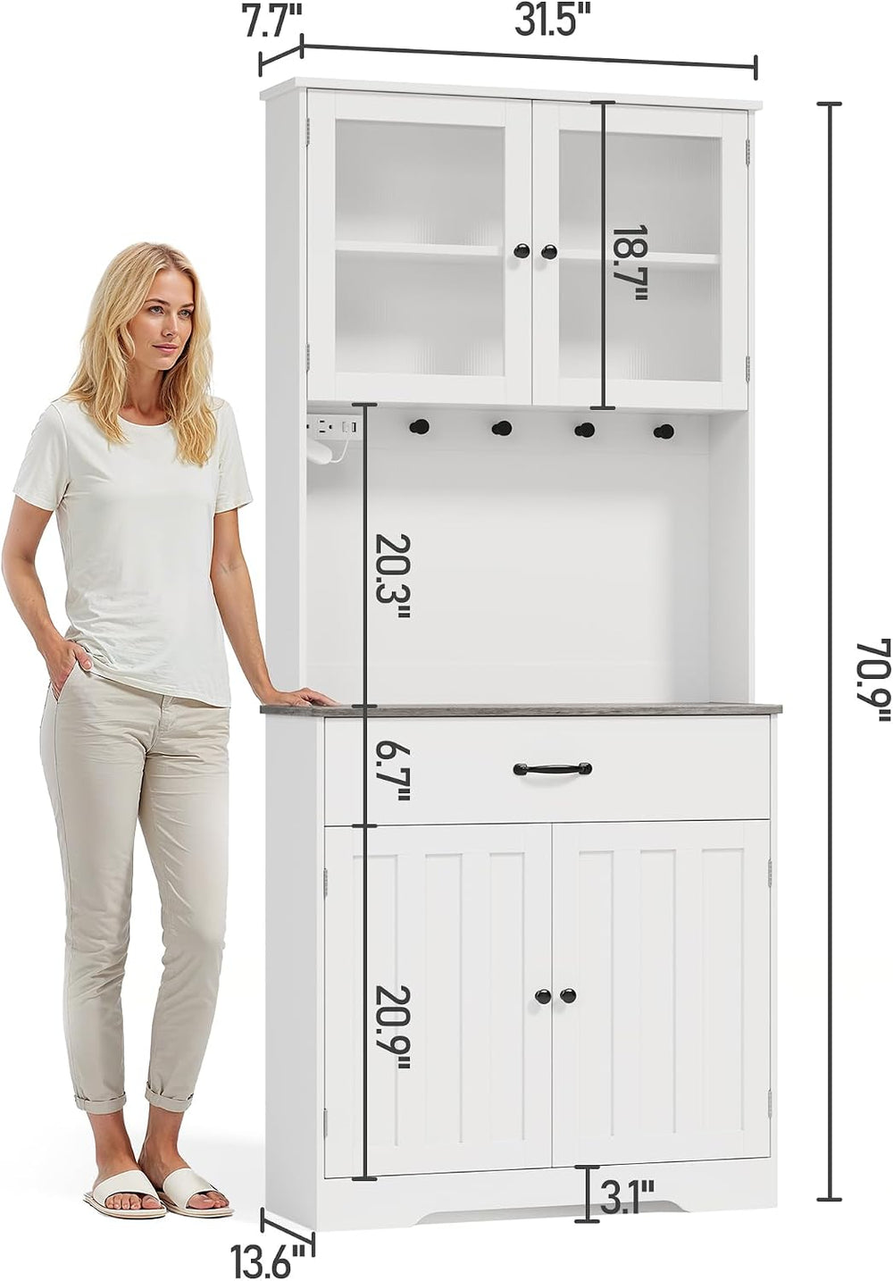 Gizoon 71" H Pantry Cabinet with Strip Light, Drawers | Coffee Bar with ...