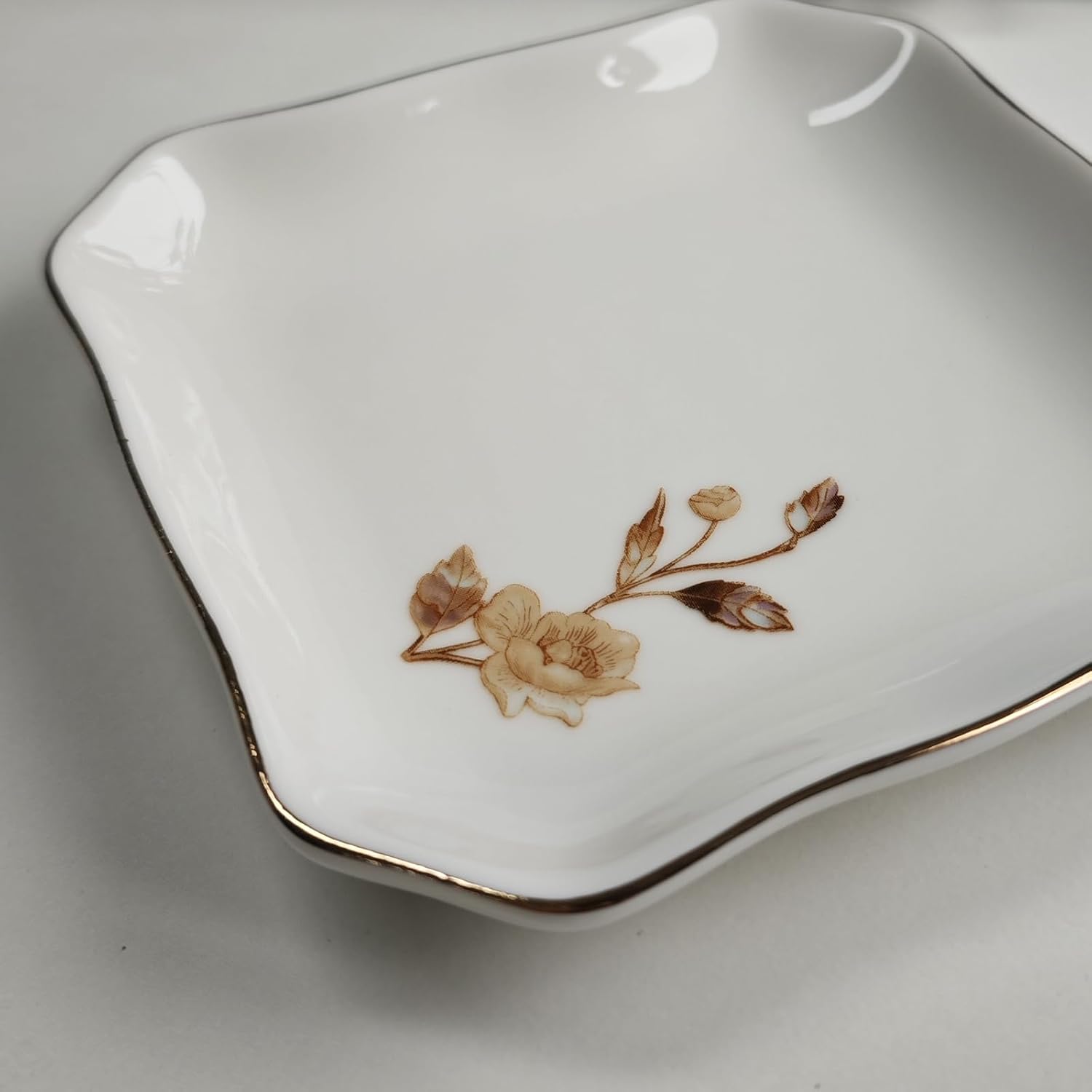 Vintage White Ceramic Jewelry Tray Ring Dish, Faux Mother of Pearl Inspired Flower Design, Decorative Small Square Floral Trinket Dish for Vanity Storage Wedding Decor (Beige Peony-Enamel)
