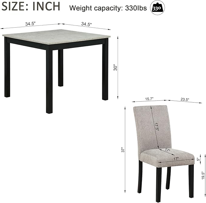 KEIKI 5-Piece Standard Height Dining Table Set with Square Table and 4 Upholstered Curved Backrset Chair, for 4 Person, Modern Wooden Table Set, Easy Assembly, for Kitchen, Dining Room, Black+Grey