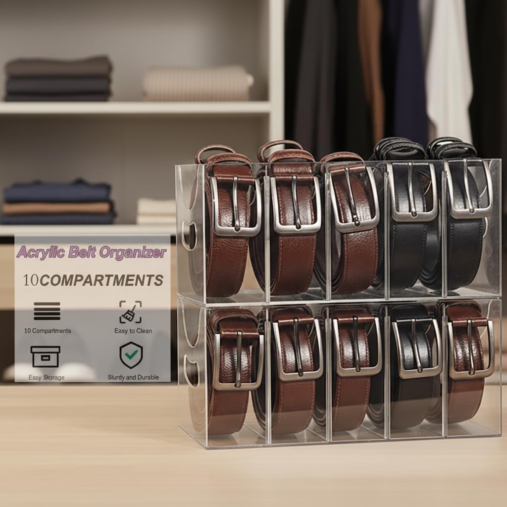Belt Organizer,Acrylic Belt Organizer for Closet with Removable Dividers 5 Compartments & Handles Drawer organization and storage for Purse,underwear, Socks,and Ties (2pack)