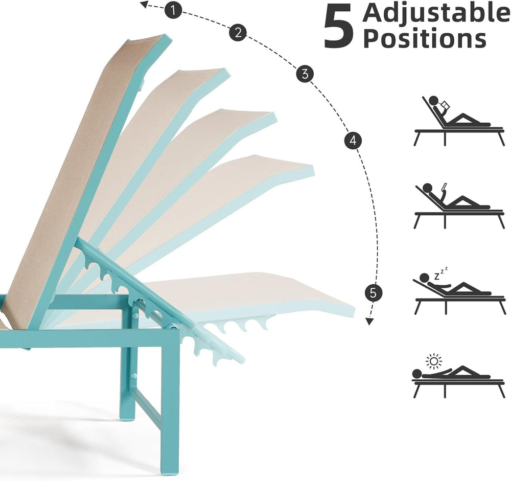 Outdoor Lounge Chair, 5-Position Aluminum Chaise Lounge with Wheels & Arm...
