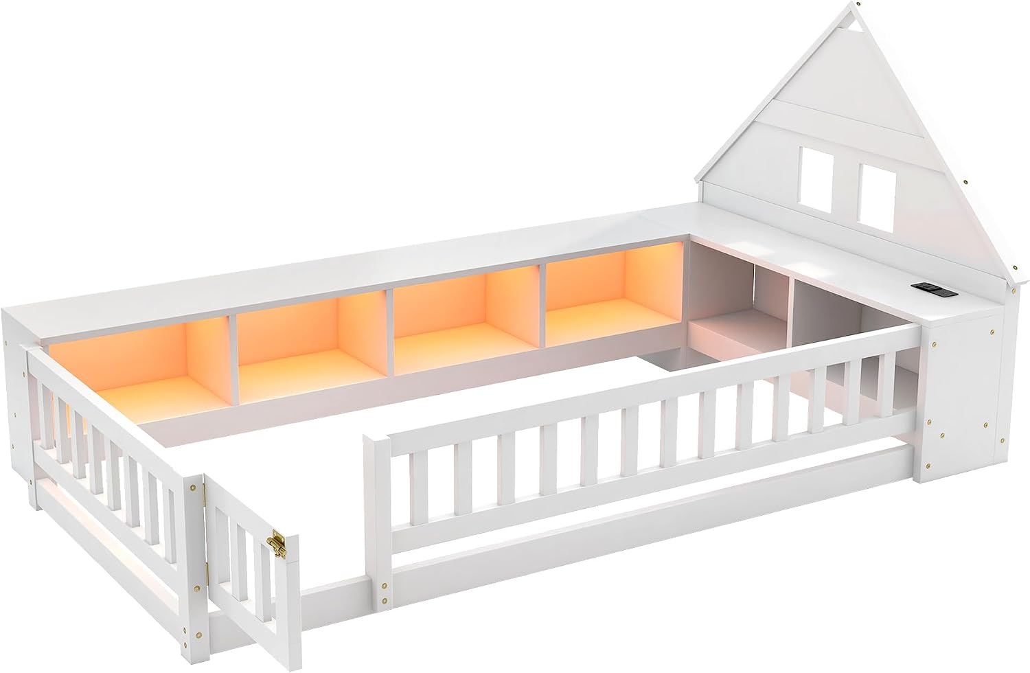 Twin Size Floor Bed with House-Shaped Headboard, Guardrail and Cabinet (White)