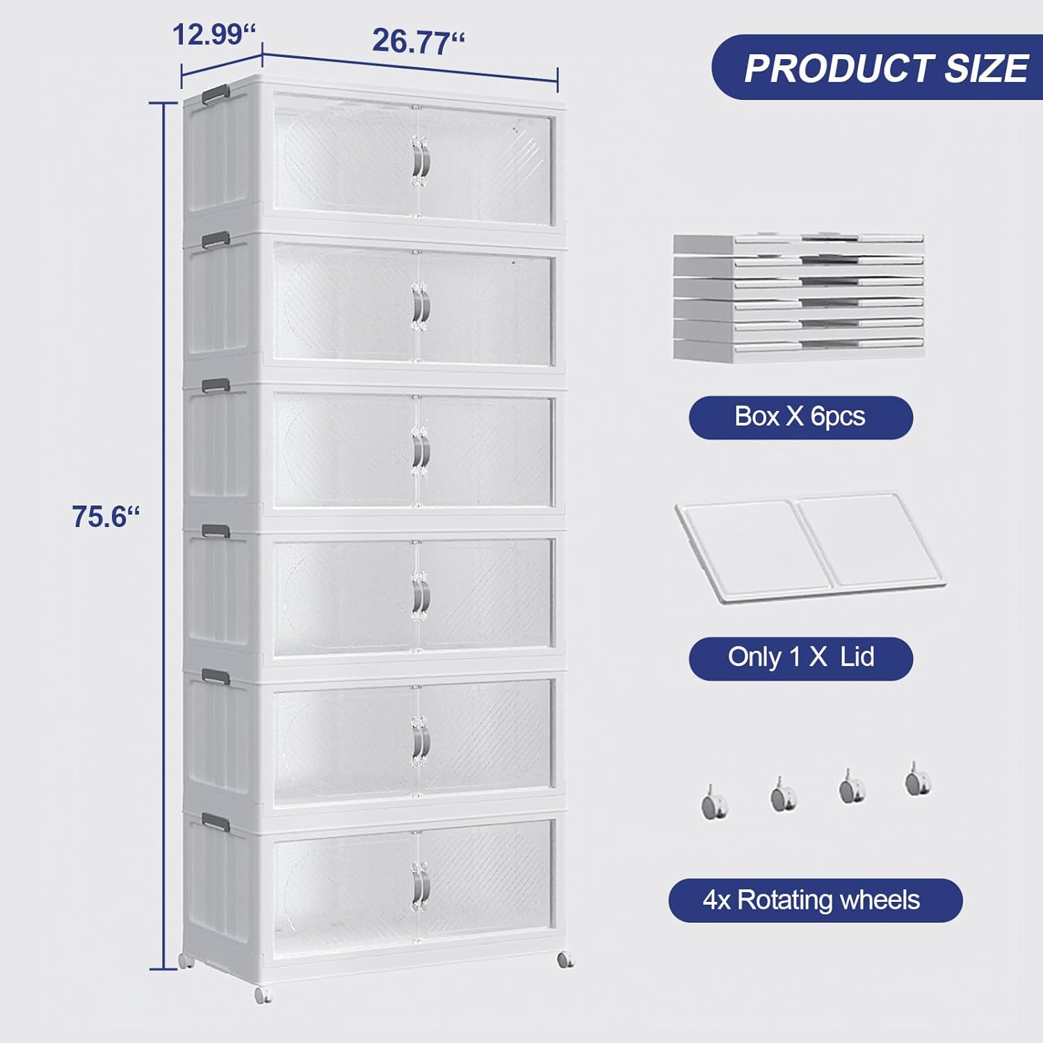 720QT Extra Large Stackable Storage Bins with Lid & Wheels & Doors, 180Gal Foldable Collapsible Closet Organizers, Plastic Cabinet Box Container Drawer for Home Kitchen Bedroom, 6Pack White