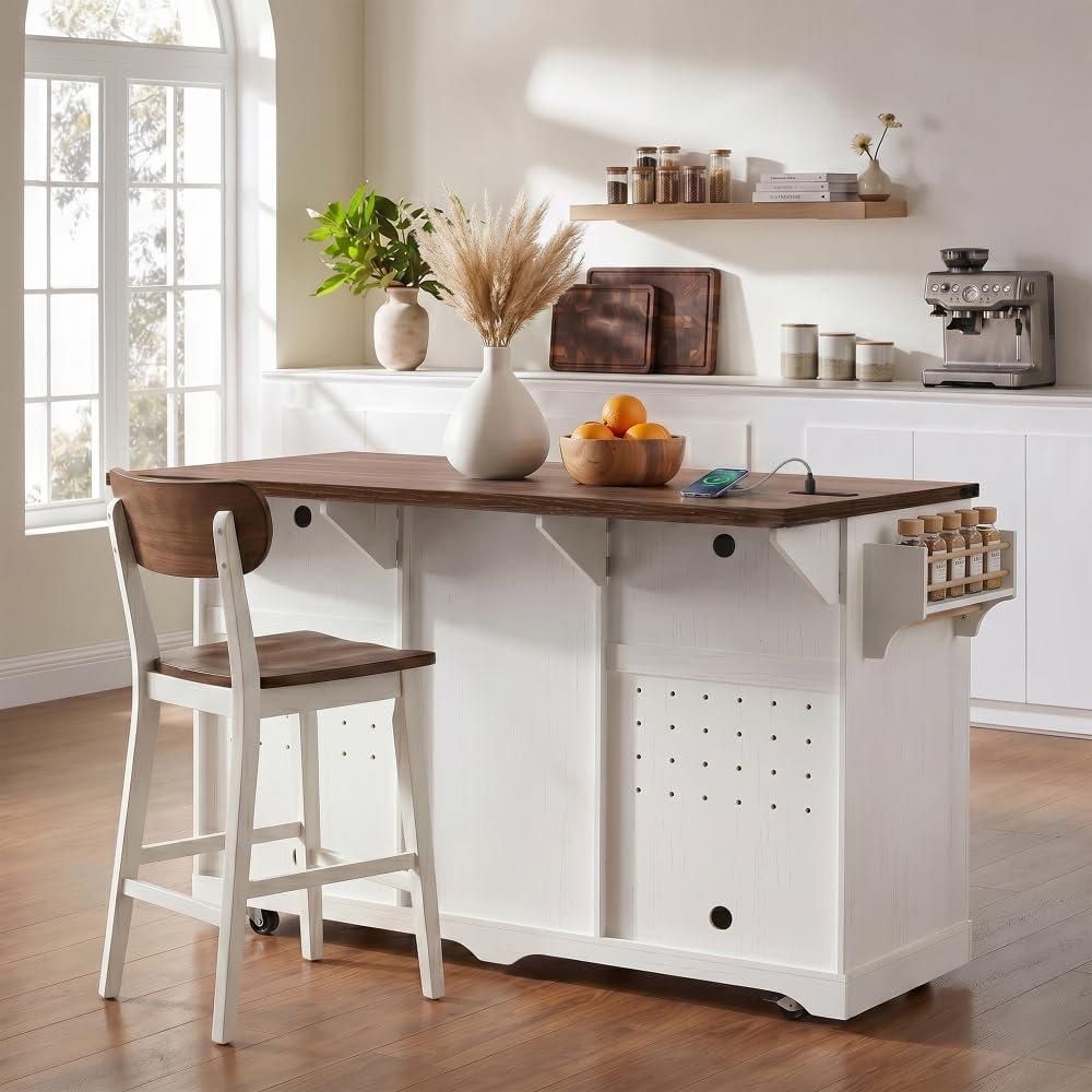 Merax 72" L White Rolling Kitchen Island with Fridge Storage Space | Cof...