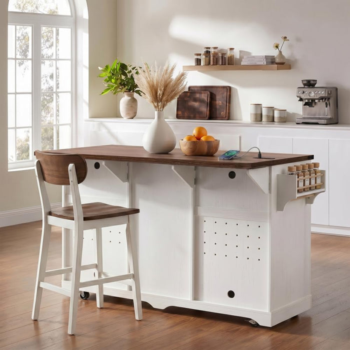 Merax 72" L White Rolling Kitchen Island with Fridge Storage Space | Coffee Bar Cabinet Kitchen Table on Wheels with Drop Leaf, 4 Drawers, Sliding Barn Door and Glass Holder