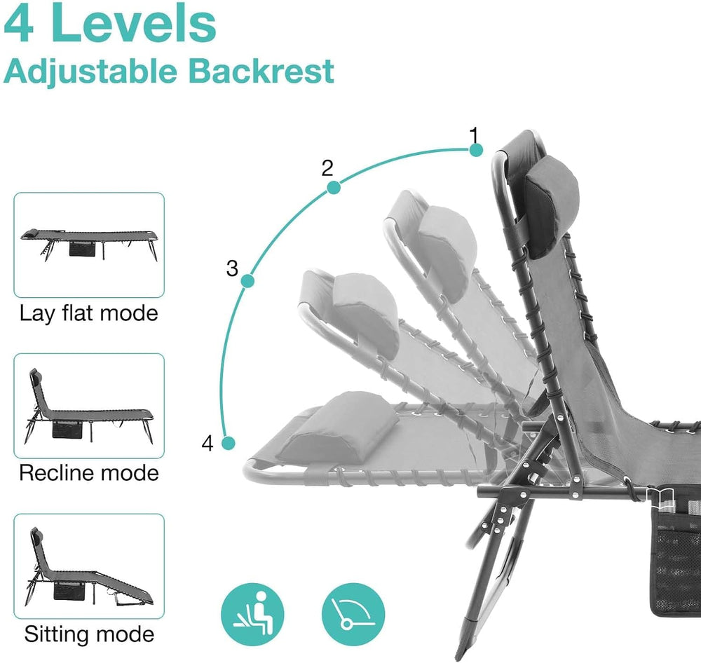 Gray Lounge Chairs for Outside, Folding Beach Lounger with Carrying Handle an...