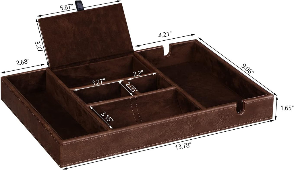 BEWISHOME Valet Tray for Men Dresser Organizer Nightstand Organizer Desktop Storage Organizer with Large Smartphone Charging Station, 6 Compartments, Faux Leather, Brown SSH16Z