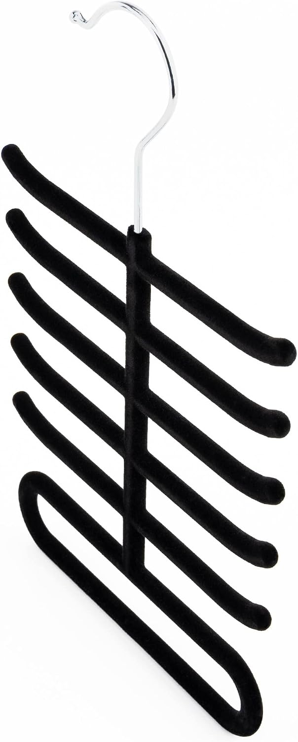 Hangerworld Single Black Flocked Tie Rack & Belt Organiser Non-Slip Coat Clothes Accessory Hanger, Metal