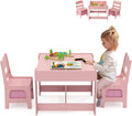 Kids Table and Chairs, 3 in 1 Wooden Kids Table with Storage Drawer, Removable Blackboard, Reversible Tabletop, Toddler Table and Chair Set for Drawing, Reading (Pink)