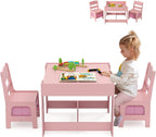 Kids Table and Chairs, 3 in 1 Wooden Kids Table with Storage Drawer, Removable Blackboard, Reversible Tabletop, Toddler Table and Chair Set for Drawing, Reading (Pink)