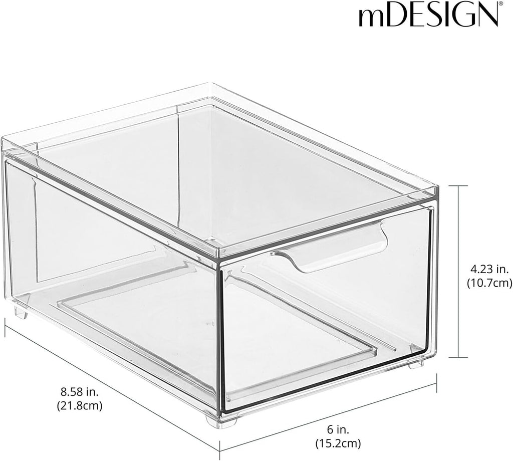 mDesign Plastic Bathroom Organizer Bin w/Pull Out Drawer - Slim Stackable Storage Container for Bathroom Accessories - Perfect for Organizing Bathroom Cabinet - Lumiere Collection - 4 Pack - Clear