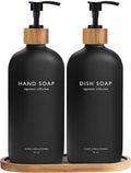 Vine Creations Black Glass Soap Dispenser Set, Hand Soap and Dish Soap Dispenser Set with Bamboo Tray, 16 oz Glass Dispensers Bottle for Kitchen and Bathroom Decor Modern Boho with Bamboo Pump (Black)