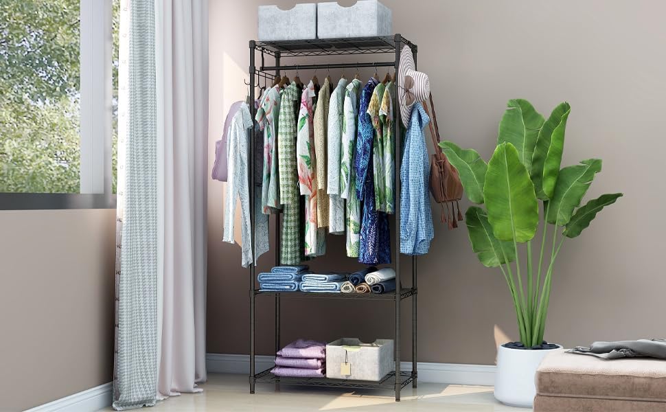 Xiofio 3 Tiers Heavy Duty Clothing Rack, Metal Garment Rack Coat Rack, Clothes Rack with 2 Side Hooks,Hanging Adjustable Garment Rack for Bedroom Living Room Laundry Room Balcony Garden,Black
