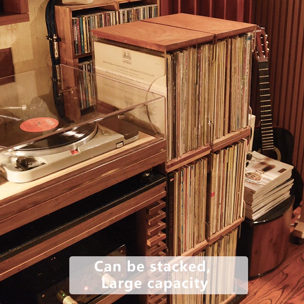Vinyl Record Storage Holder,Stacks up to 30 Albums, Solid Wood & Clear Acrylic,Canbe stack,Premium Display, Simple and Contemporary Concept Design for 12” Records LP, DVDs, or CDs (composite board, 3)