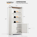 VINGLI Bookcase with Doors and Adjustable Shelves, Steel 70" Tall Bookshelf, 6-Tier Farmhouse Metal Storage Cabinet for Study, Living Room, Home Office, Kitchen Pantry, White Display Cabinet