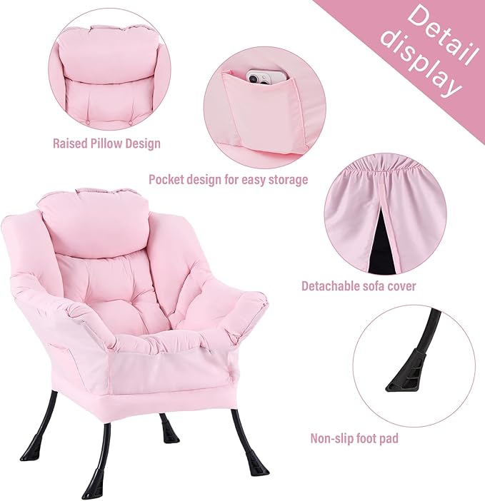 Welnow Lazy Chair with Ottoman, Modern Reading Lounge Accent Chair with Armrests and a Side Pocket, Leisure Upholstered Lazy Sofa Set with Footrest for Small Space