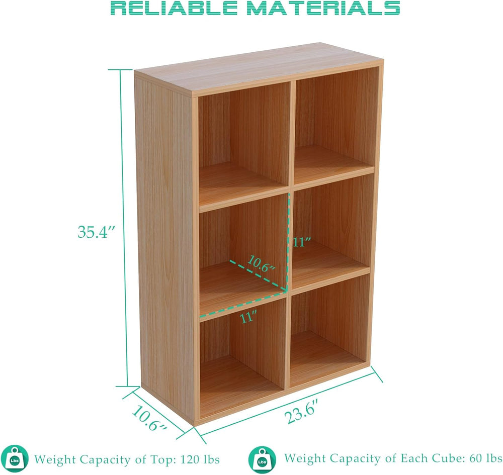 6-Cube Storage Shelf Bookcase - Wooden 3-Tier Floor Standing Open Bookshelf f...