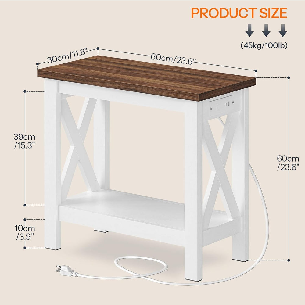 HOOBRO End Table with Charging Station, Farmhouse Narrow Side Table, 2-Tier w...