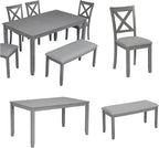 Dining Table Set, 6-Piece Kitchen Table & Chair Set with Rectangular Dining Table, 4 Upholstered X-Shaped Backrest Chairs and a Bench, Wooden Dining Table Set for 6 People, Gray