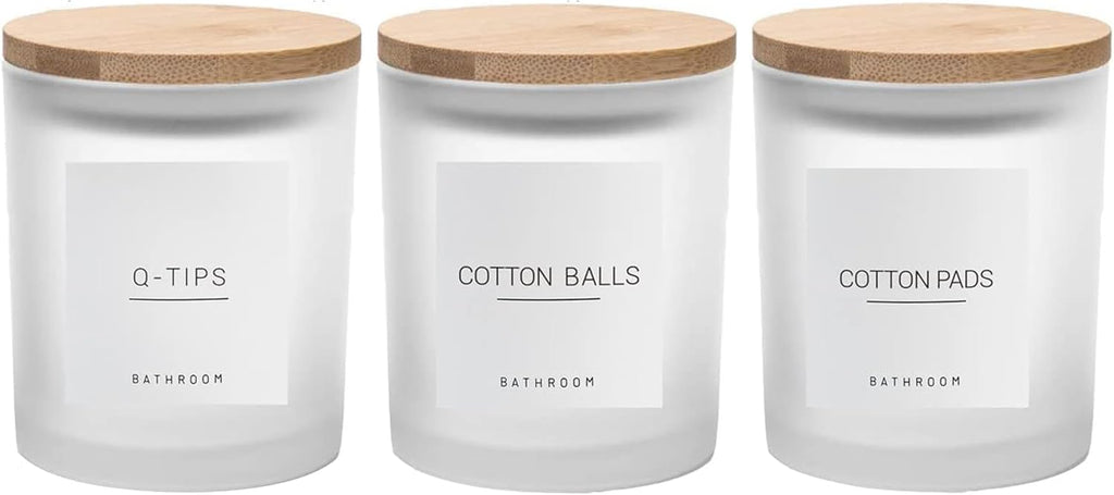 3PCS Modern 13.53oz Transparent Bathroom Canisters with 12 Labels & Wooden Lid Thick Glass Jar Set Qtip Holder for Cotton Ball & Pads Storage Organization Minimalist Decor