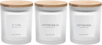 3PCS Modern 13.53oz Transparent Bathroom Canisters with 12 Labels & Wooden Lid Thick Glass Jar Set Qtip Holder for Cotton Ball & Pads Storage Organization Minimalist Decor