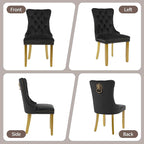 Velvet Dining Chairs Set of 2, Upholstered Dining Room Chairs with Lion Head Pulls Ring and Golden Solid Wood Legs, Modern Button Tufted Kitchen Chairs for Dining Room, Kitchen(Black)