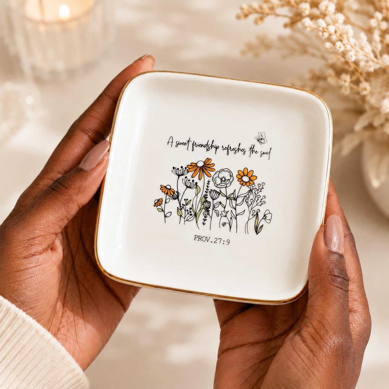 Friendship Gift for Women, Christian Bible Verse Jewelry Dish Trinket Tray-A Sweet Friendship Refreshes the Soul-Proverbs 27:9, Square Ceramic Jewelry Dish Gift for Sister BFF