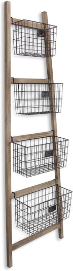 HomeRoots 73" Natural And Black Wood And Metal Storage Ladder With Baskets