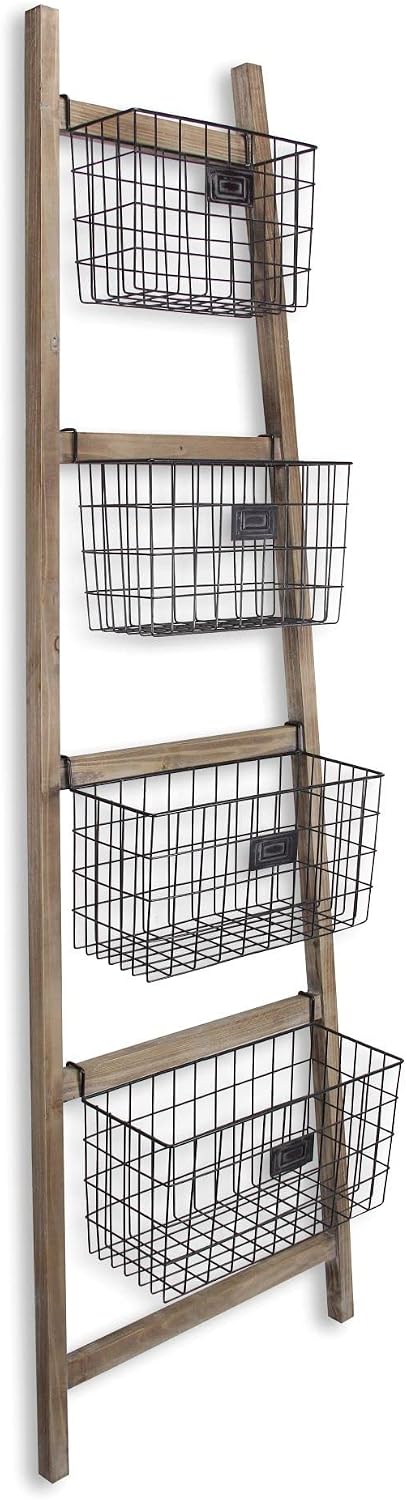 HomeRoots 73" Natural And Black Wood And Metal Storage Ladder With Baskets