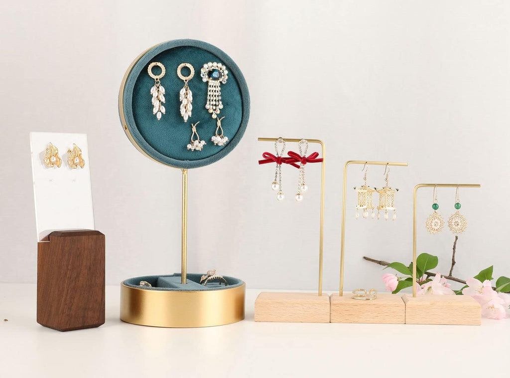 GemeShou 3pcs Beech wooden dangle earring stand holder, hoop earring displays for selling jewelry, mini brass earring hanger【Walnut Stand set-3pcs】
