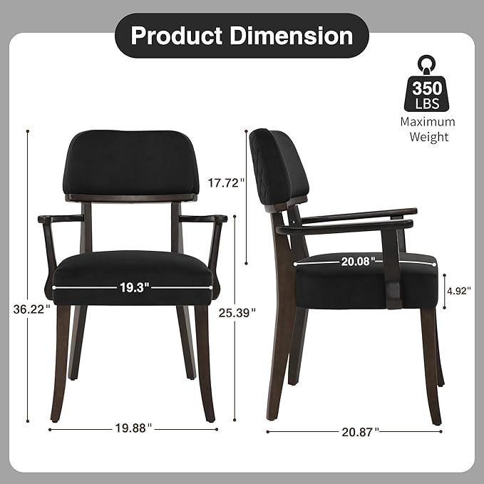 Velvet Dining Chairs with Arms Set of 2, Upholstered Dining Room Chairs with Hardwood Legs & Open Curved Backrest,Modern Accent Kitchen Chairs 350 LBS Capacity, Black