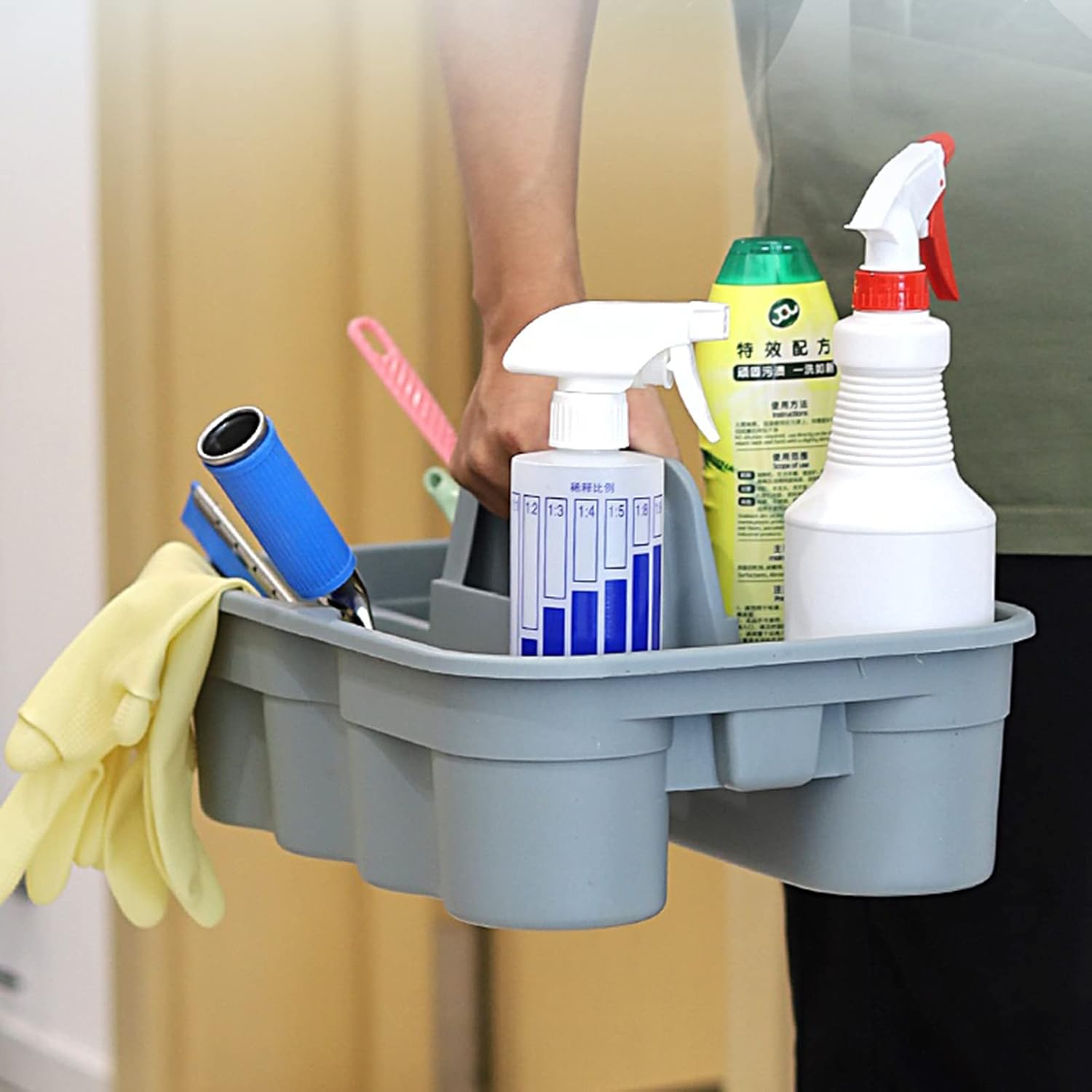 6-Pack Plastic Caddy for Cleaning Products, Caddy with Handle, Gray