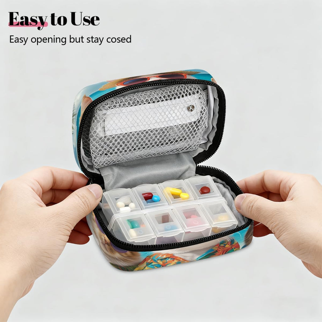 Cool Cats Summer Beach Pill Organizer Travel Medicine Case with Zipper Daily Vitamin Storage Bag Portable 8 Slot Weekly Pill Box Supplement Holder for Home Office Gym Travel