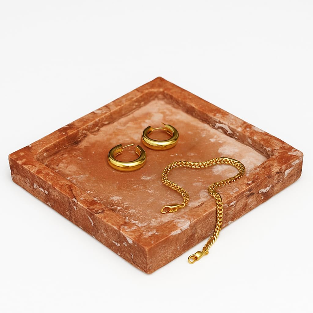 Natural Travertine Marble Square Jewelry Tray, 4.9" – Decorative Stone Accessory Dish for Rings, Earrings, Necklaces, Perfume and Keys, Gift for Women (Red)