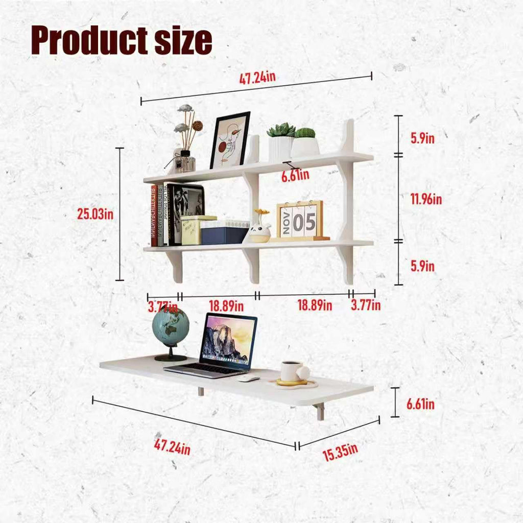 Pmnianhua Wall Mounted Folding Table, 47'' Floating Laptop Desk with Shelves, Foldable Drop Leaf Table, Wall Mount Fold Down Table for Laundry Room Kitchen Bar Home Office Small Space(White)