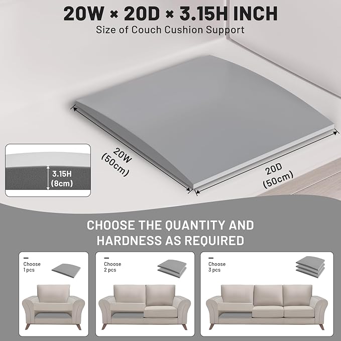 Couch Cushion Support for Sagging Seat – 3 Pack 20x20x3.15 Inch Sofa Cushion Board Saver & Replacement Insert for Saggy Couch or Chair, Quick No-Tool Install with 40D Memory Foam