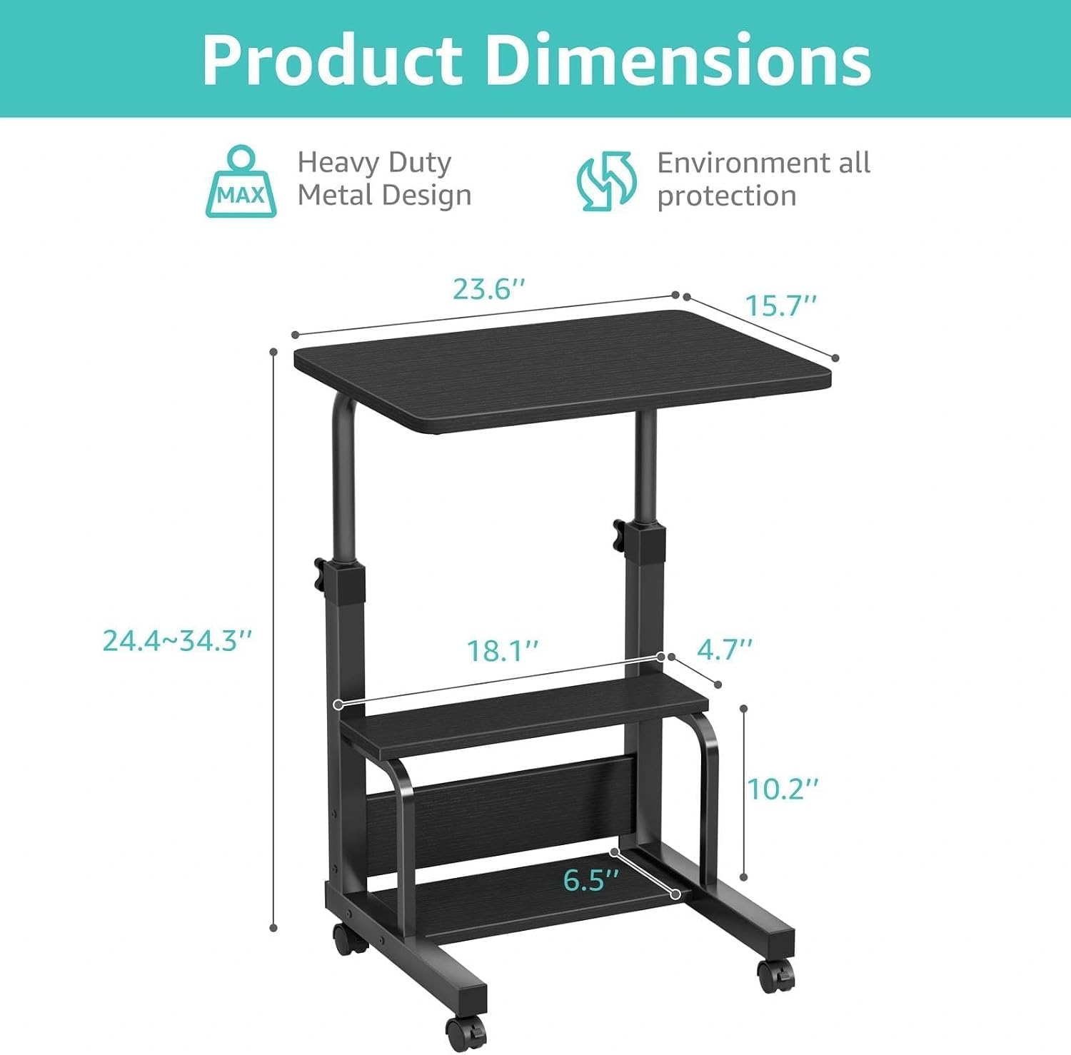 WINAZ Small Rolling Desk for Small Spaces - 24" Portable Kids Desk with Wheels, Height Adjustable C Shaped Side Table Mobile Laptop Desks with 2-Tier Storage Shelves for Bed Sofa, Black
