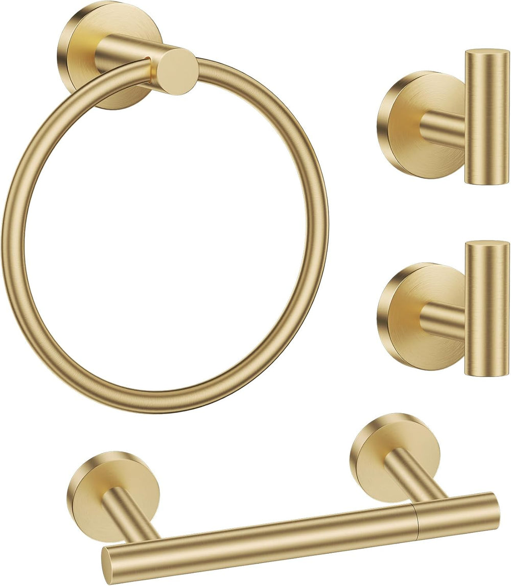 Brushed Gold Bathroom Hardware Set, Toilet Paper Holder, Towel Ring & Hooks