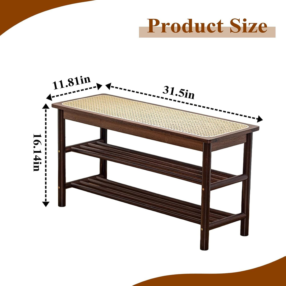 Bamboo Entryway Bench with Woven Rattan Seat, 2-Tier Shoe Storage Bench for H...